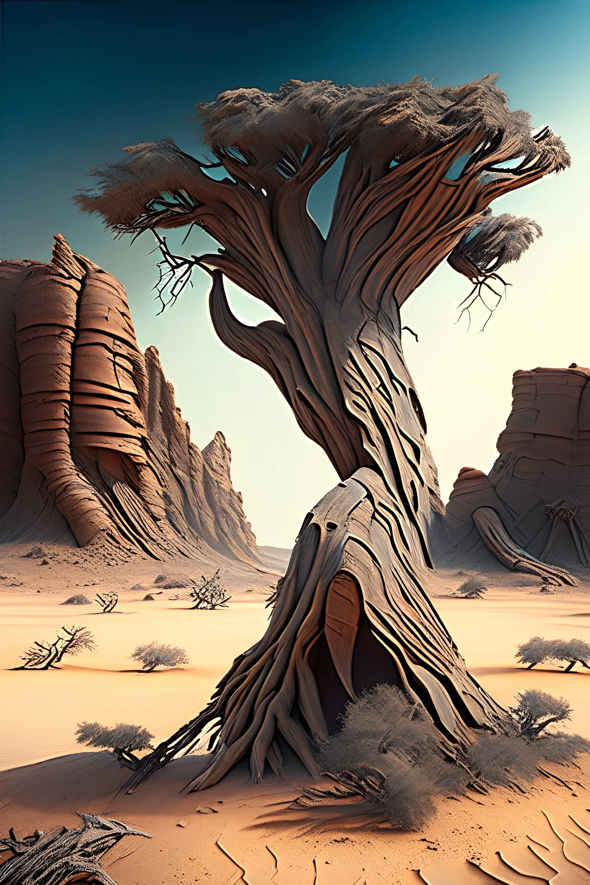 dry tree branch, Extensive deforestation, fewer trees, otherworldly bas-relief glyphs on alien deserted planet giant natural rock formations, una ventada suspendida en la nada, a través de la qual se puede observar diferentes mundos