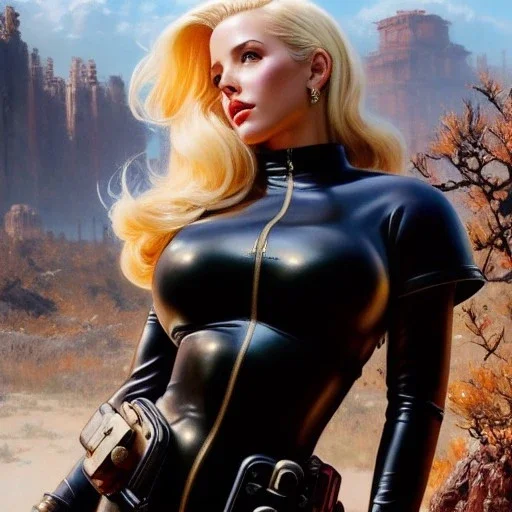 Drawing of beautiful face,'beautiful booty,Busty blonde Mags Black(fallout4)',intense stare, ancient skintight armor, balanciaga fashion clothe painting by gaston bussiere, greg rutkowski, yoji shinkawa, yoshitaka amano, tsutomu nihei, donato giancola, tim hildebrandt,KyuYong Eom,Ren Wei Pan Oil on canvas, cinematic composition, extreme detail,fit full head inside picture,16k