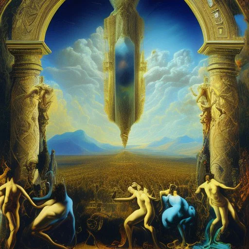 Ascencion of jresus among clouds with disciples on earth Salvador dali styles