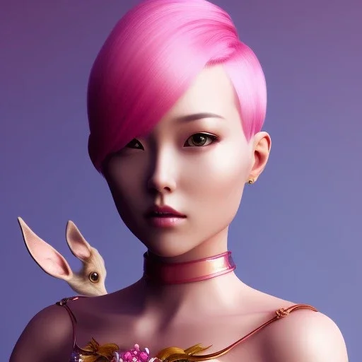  pink short hair, latex suit, highly detailed, Asian woman, leaning pose, rabbit mask,