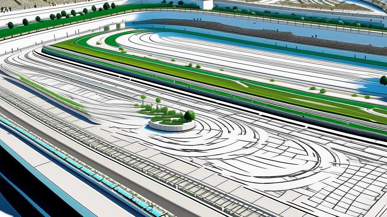 A white racetrack with boosting cars designed in ancient Roman mosaics painted by Zosan