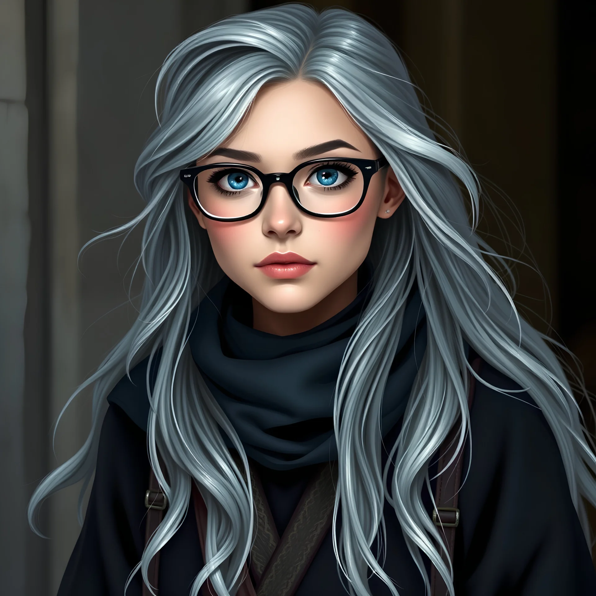 female wizard with glasses and commoner clothes, long hair with silver highlights, blue eyes