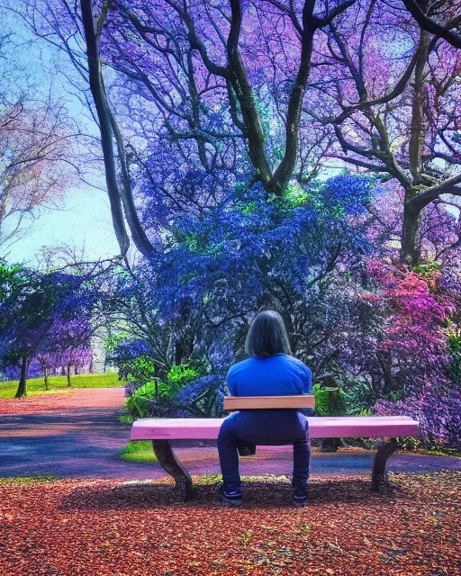 park mystical dream, park bench, man, woman, child, dog, pretty blue and purple trees, blue path, bird, jogger, sunshine, mystical, fantasy, romanticism, cinematic, award-winning, beautiful colors, daylight, daytime,