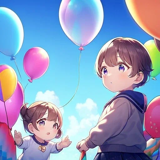 yound anime child letting go of a balloon, looking up into the sky at the balloon