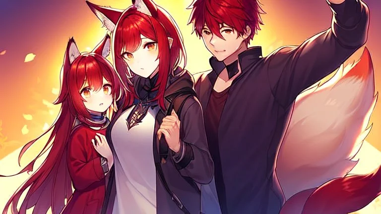 Girl, boy, boy's brown short hair, girl's red hair, boy's bunny ears, girls' fox ears, long tails