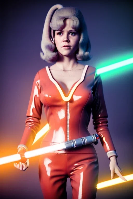 Ultra Realistic retro sci-fi portrait image from 1960, spaceship, sweet young Jane Fonda, tight latex suit, lightsaber fighting stance, soft color, highly detailed, unreal engine 5, ray tracing, RTX, lumen lighting, ultra detail, volumetric lighting, 3d, finely drawn, high definition, high resolution.