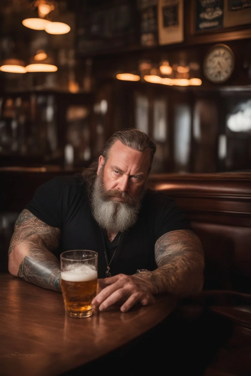 full body shot photography of a burly tired muscular beefy stocky viking tattoed 48 years old, lying down relaxing on a table full of glasses of beer, in irish pub, manly chest, shirtless, hairy torso, dressed wth traditional dress,, long hair, long beard, emotive eyes, big shoulders, ambient occlusions, photorealistic , aerial view