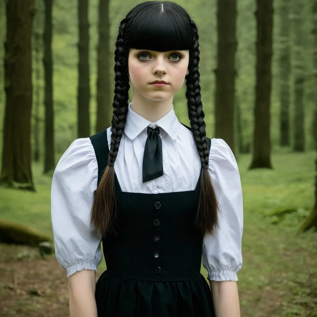 Young Marie-Antoinette as Wednesday addams, braids, bangs, in tge woods