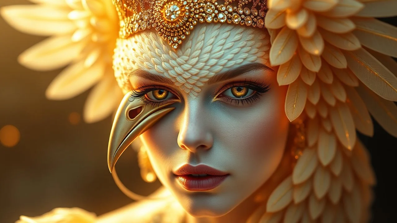 layering, fantasy, mysticism, portrait of a woman-bird, glare, gold, glow, 8K, 3D, fine rendering, high detail, hyperrealism, high resolution, layering, hyperdetail, hyperfocus, vignette