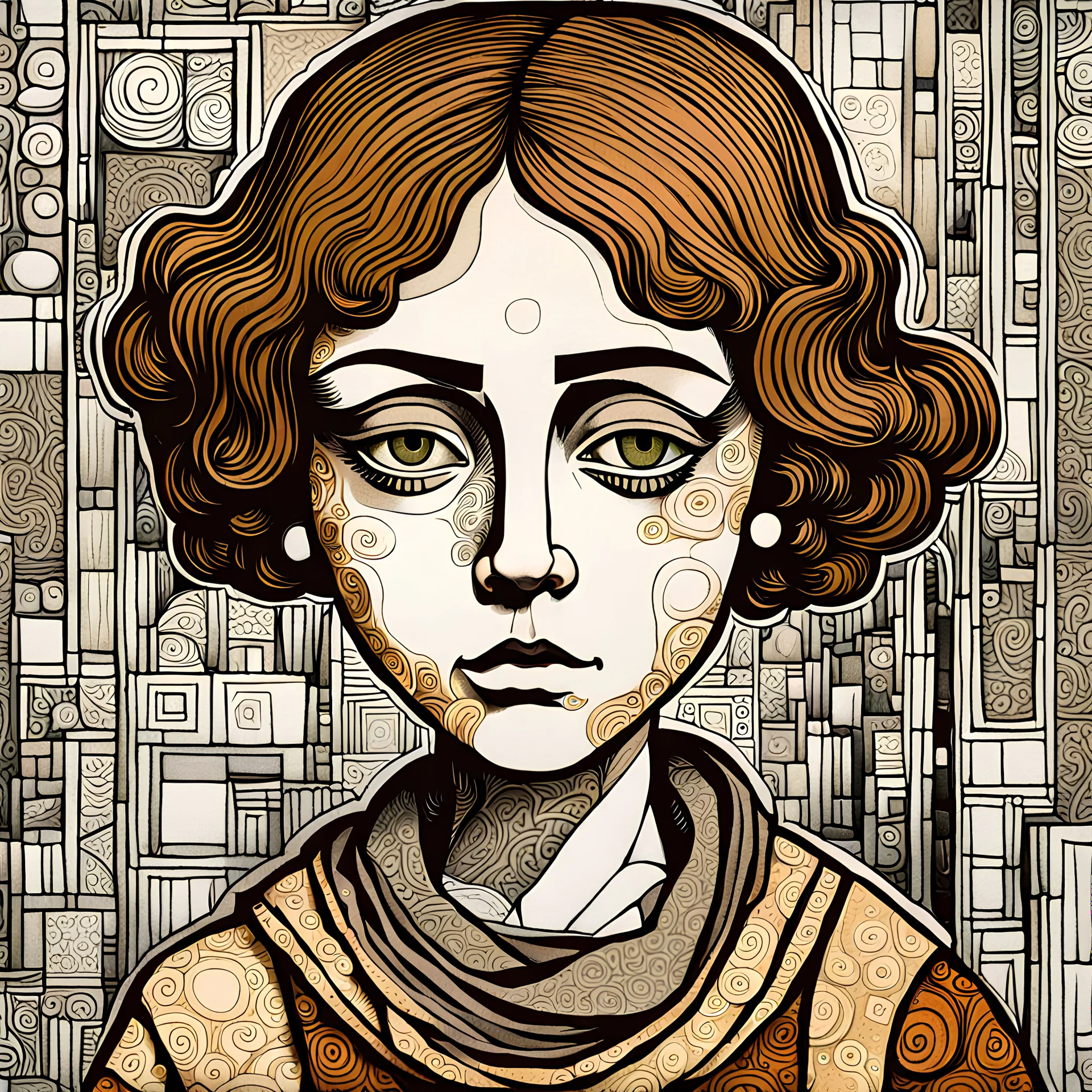 create an abstract asymmetric cubist, full body, lithographic print illustration of an epic grubby and ragged, sad eyed,17th century female Paris street urchin with highly detailed and deeply cut facial features, in the style of GUSTAV KLIMT, EDWARD BURNE-JONES, WILLIAM MORRIS, and KATHE KOLLWITZ combined with the comic art style of BILL SIENKIEWICZ and JEAN GIRAUD MOEBIUS, searing lines and forceful strokes, precisely drawn, boldly inked, and darkly colored