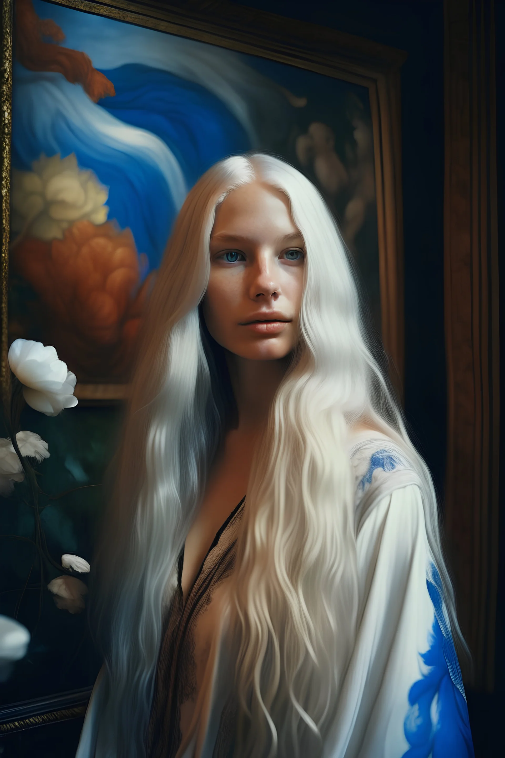 The Hasselblad photo portrait of a beautiful and mysterious mixed race pale mulatto woman with very long white hair. in a setting worthy of the greatest dream gardens and colorful paintings, astonishing lighting ambiance, epic, fashion, haute couture, art, detailed original posed watching camera