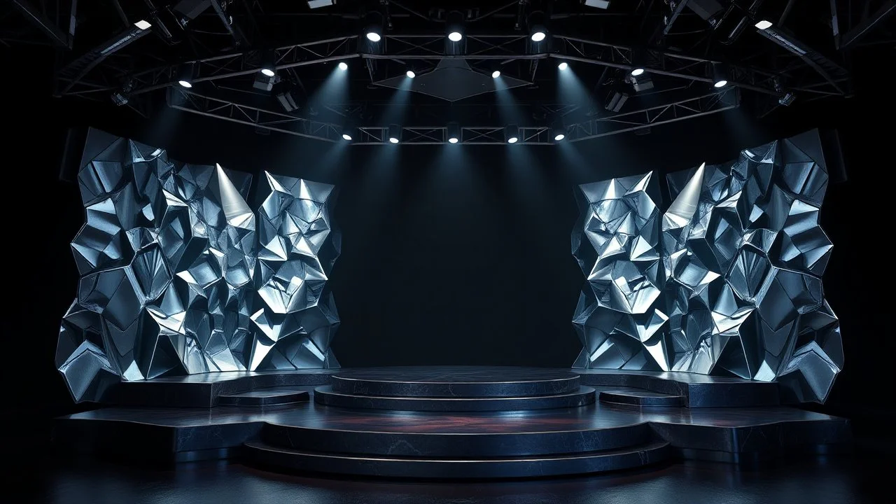 a 3d fractal stage structre made of metallic dark color 3d structures, pertty artistc background,dynamic lights