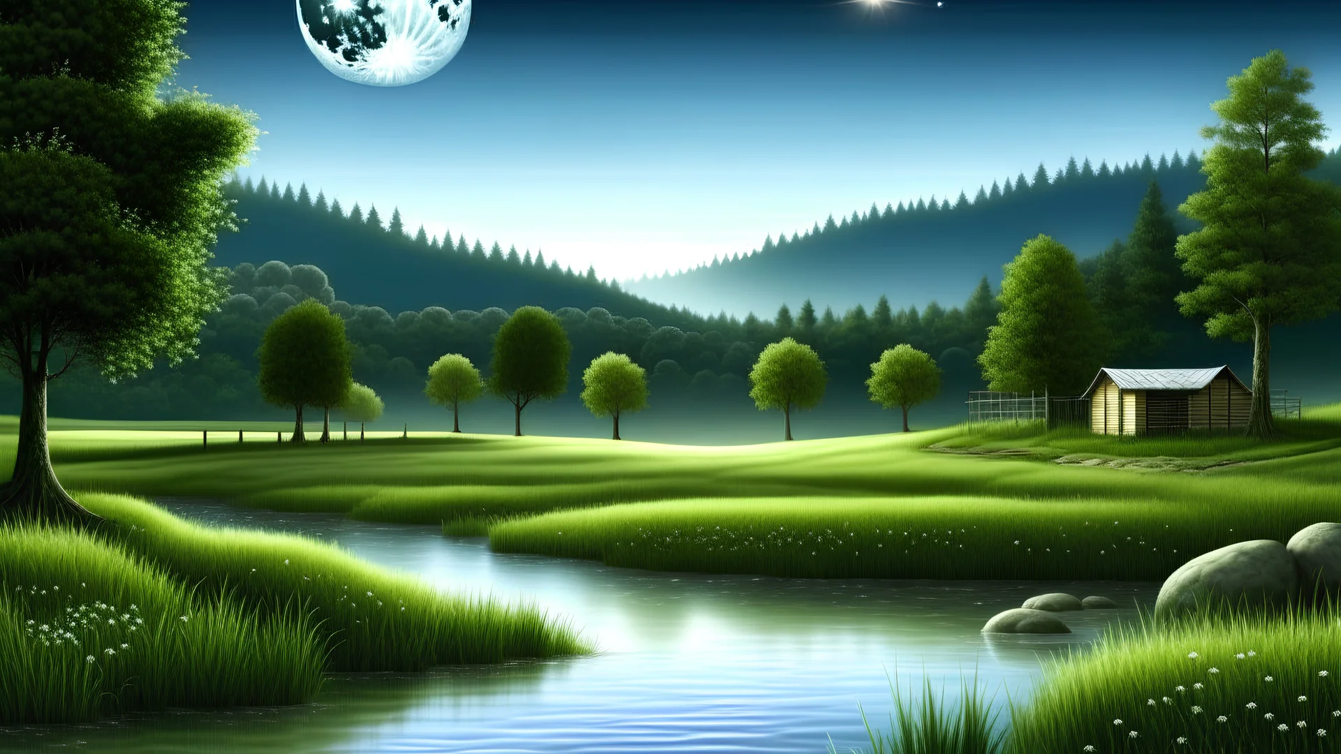 nature bakground, realistic, lake, meadow, waterfall, moon, small farm in right corner