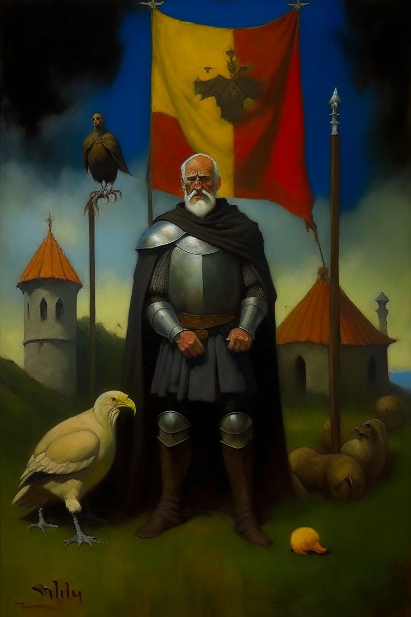 1970's dark fantasy cover dnd style oil painting of a medieval gigant man lord with chickens at the country from uruguay with the flag of uruguay with minimalist far perspective.