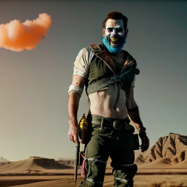 Ultra realistic mad max scene. clown man, smoke torch , waist up view, Wes Anderson style, happy, highly detailed, concept art, unreal engine 5, god rays, ray tracing, RTX, lumen lighting, ultra detail, volumetric lighting, 3d, finely drawn, high definition, high resolution.