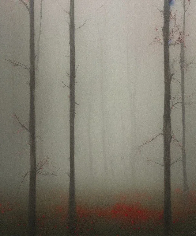 Painting of a festive Christmas tree in a misty swamp