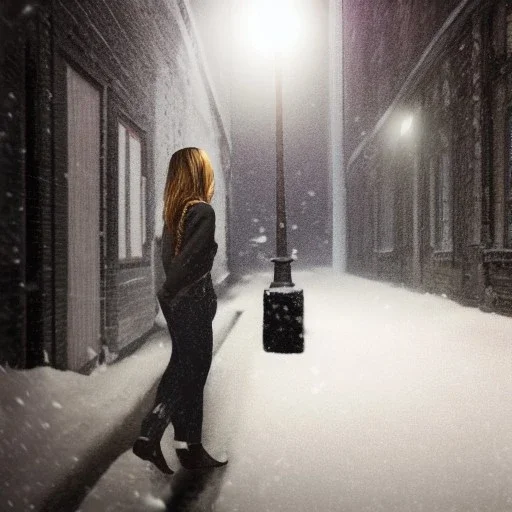 a woman cowering in an alleyway, distressed, downtown snowy new york at night, dramatic, dramatic lighting, volumetric lighting, hyperrealism, 8k, high quality, photorealistic, lot of details