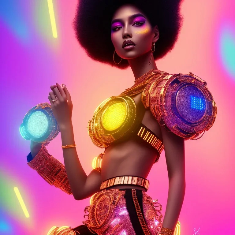 full body shot, masterpiece, best quality, family of three, black skinned, sparkling eyes, fluorescent skin, colorful makeup, hip hop , highly detailed body, afrofuturism, scifi, sun light, 4K, RAW, depth of field, high contrast, realistic details, 24mm