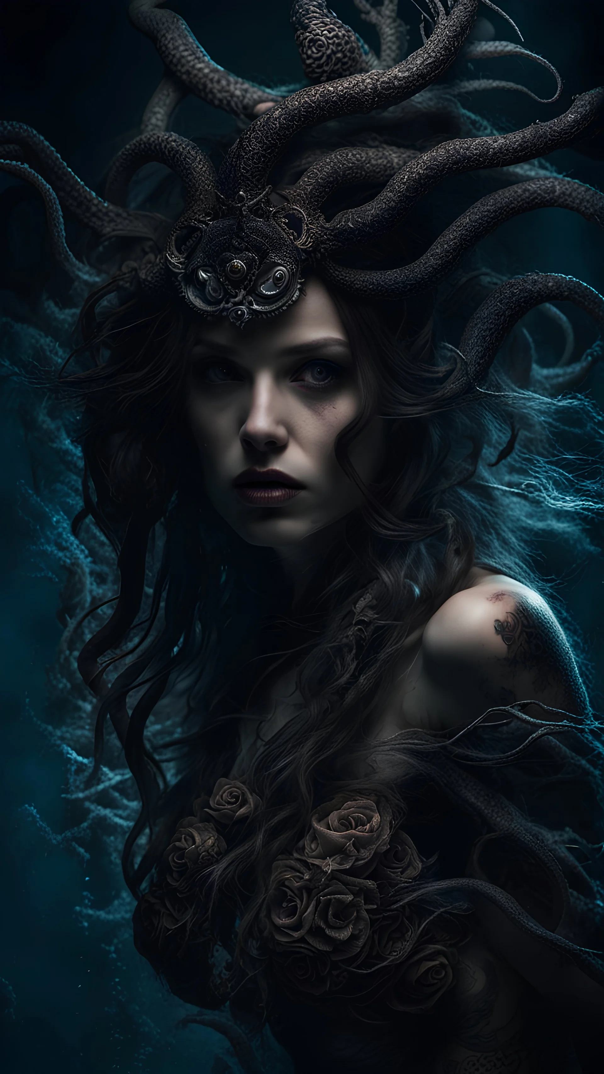 dark fantasy, siren, tattoed, close up, intricate details, insane details, volumetric lighting, ominous atmosphere, ominus lights, spectral atmosphere, underwater scenario, modelshoot style