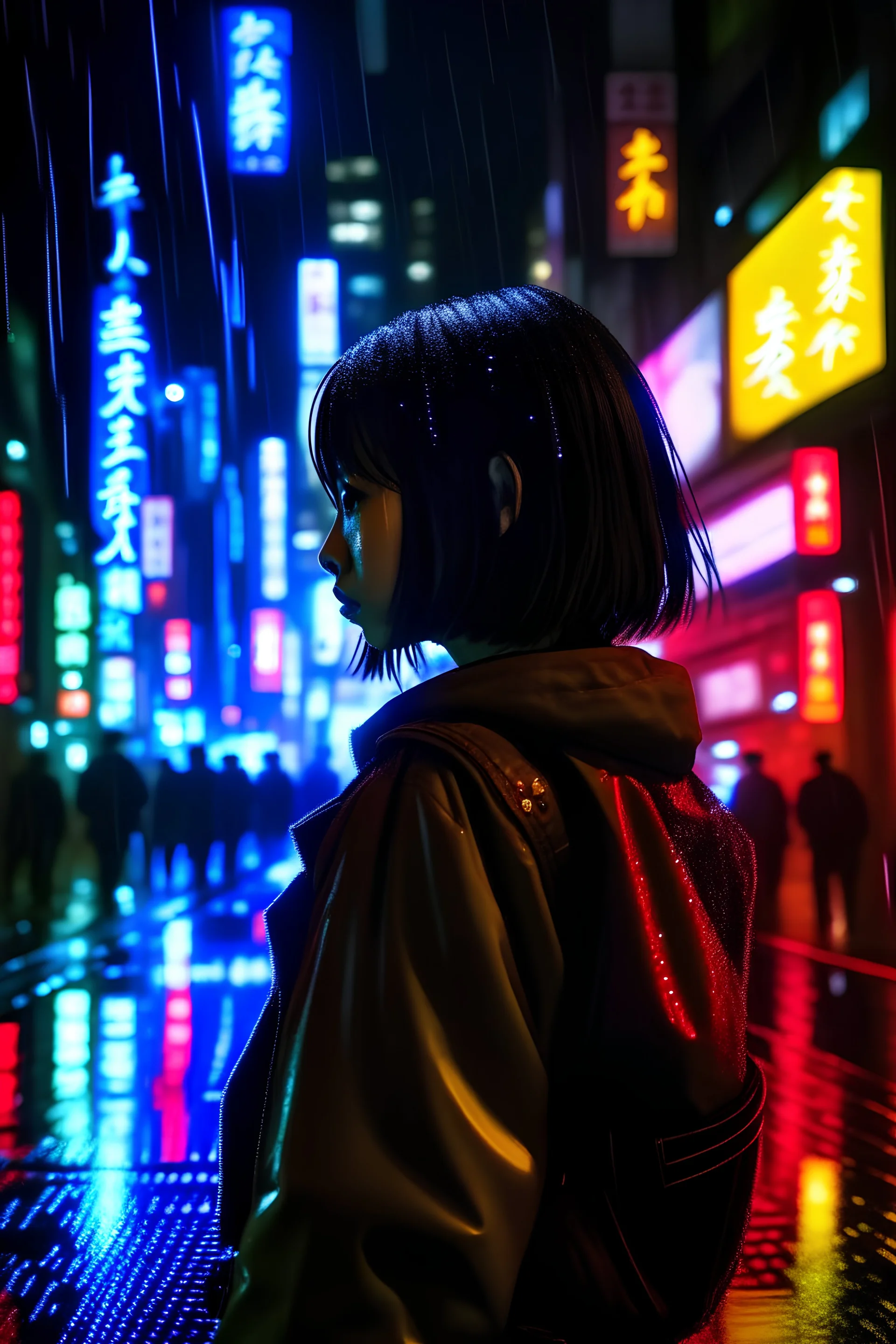 Mikasa in tokyo rainy night with neon lights from her back point of vi