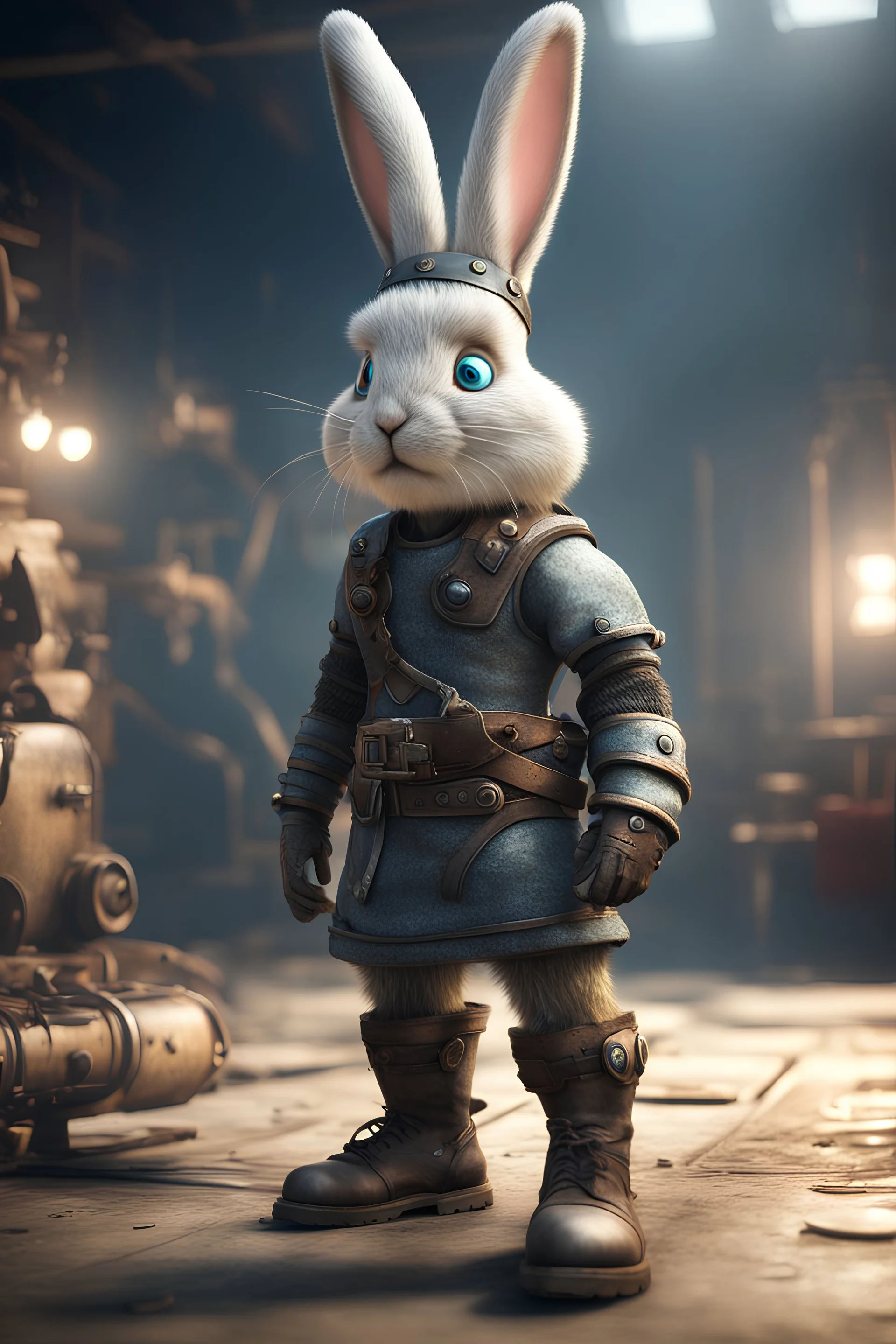 viking rabbit with boots in fallout 4 setting, bokeh, downlight, prize winning, depth of field, trading robot monster in background, stereoscopic cartoon