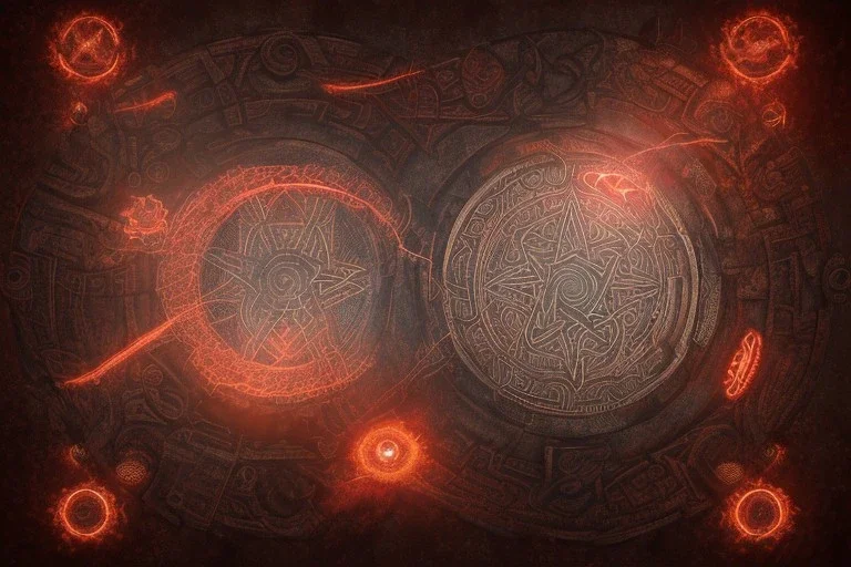 a fiery wheel with 100 eyes floating above the ground, a laser beam pentagram floating above the ground, celtic knot bronze floating, spring time, mushrooms, 8k, flickering light, centered, high-quality, fine-detail, digital art, detailed matte, volumetric lighting, illustration, 3D octane render