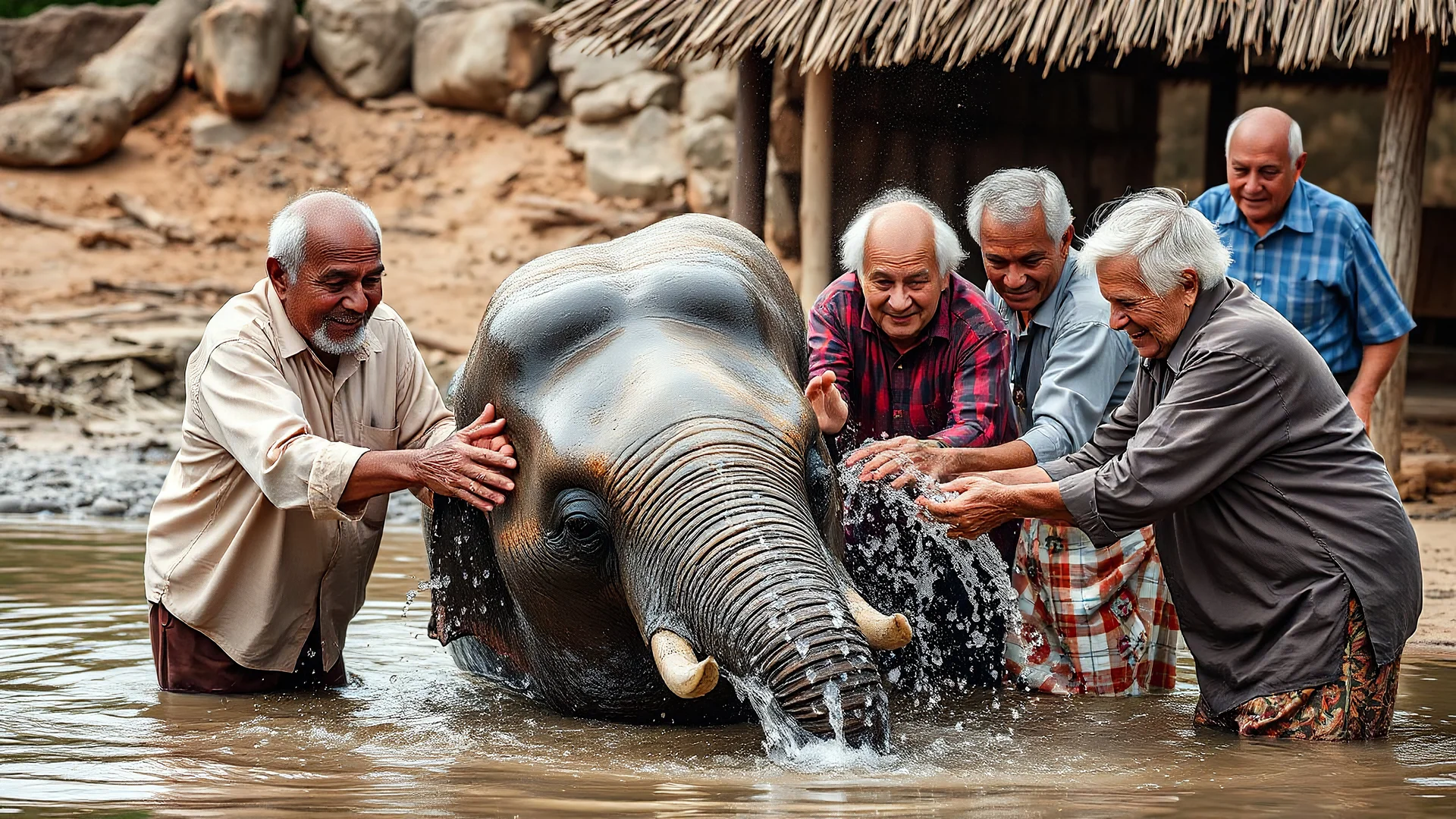 Elderly pensioners washing an elephant. Everyone is happy. Photographic quality and detail, award-winning image, beautiful composition.