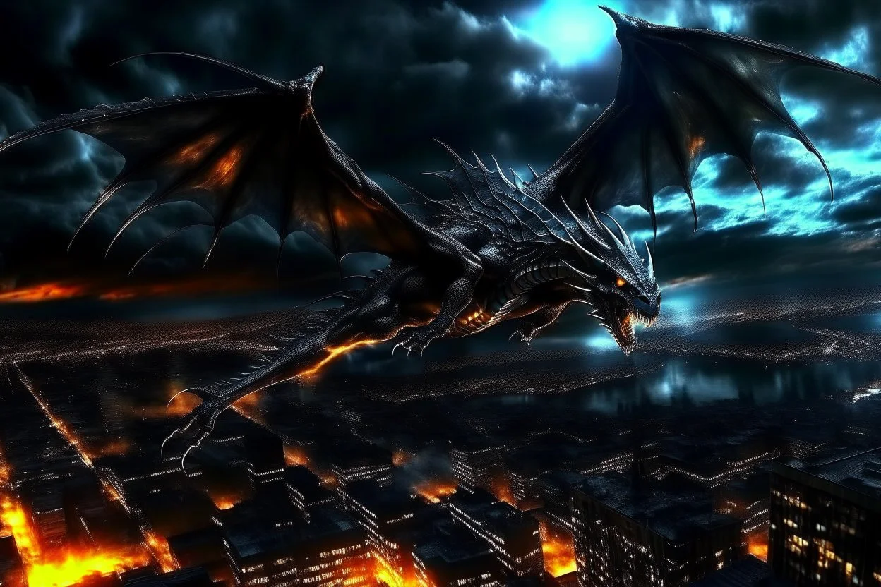 black dragon flying across the city at night dark fantasy lightening legs outstretched