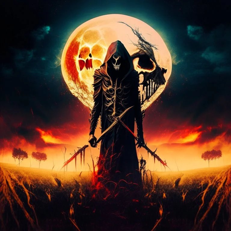 double exposure brilliant fantastical Grim Reaper with red glowing eyes photo layered with moon rising over field of the wailing damned, dark-gold scythe, Eldritch aesthetic, dynamic composition, heavy metal magazine cover art