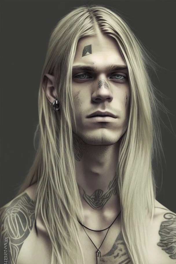 Long blond straight hair, neck tattoos, blind, man