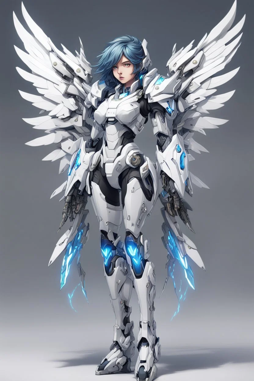 High quality 4K illustration of 25 year old anime style woman, full body with white armor, ultra detailed, modern, matte color details. The intricate design of the mecha features multi-layered scale armor and complex elements. The armor is light and tight, detailed on his legs. With enormous black and white wings extending from her back, her long blue hair is styled with diagonal bangs in a French braid. Red scarf around the neck. Bright white background, high brightness and contrast, cinematic