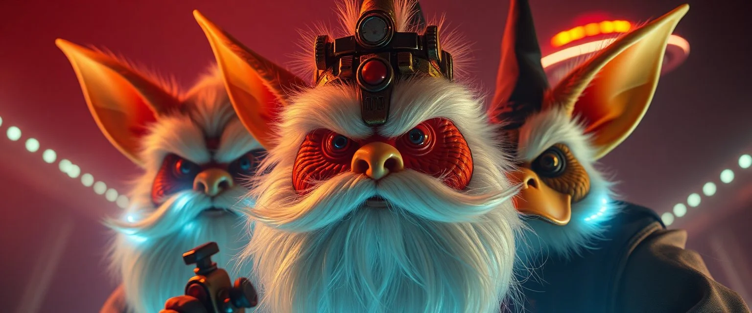 volume fog light, hyper real close up on fluffy beard faces of rock ant cricket duck priest gremlin man general with hi tech transcendent lazer plasma blaster arsenal from hell, guarding bridge up to space saucer neon plastic transparent