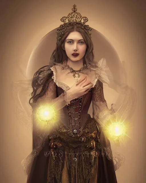 upper bust portrait, Bloody Mary, holding an orb of light, traditional royal outfit with sword, porcelain flower corset, face half covered, intricate metal work crown/halo, angelic, dark angel, 8k resolution concept art, dynamic lighting