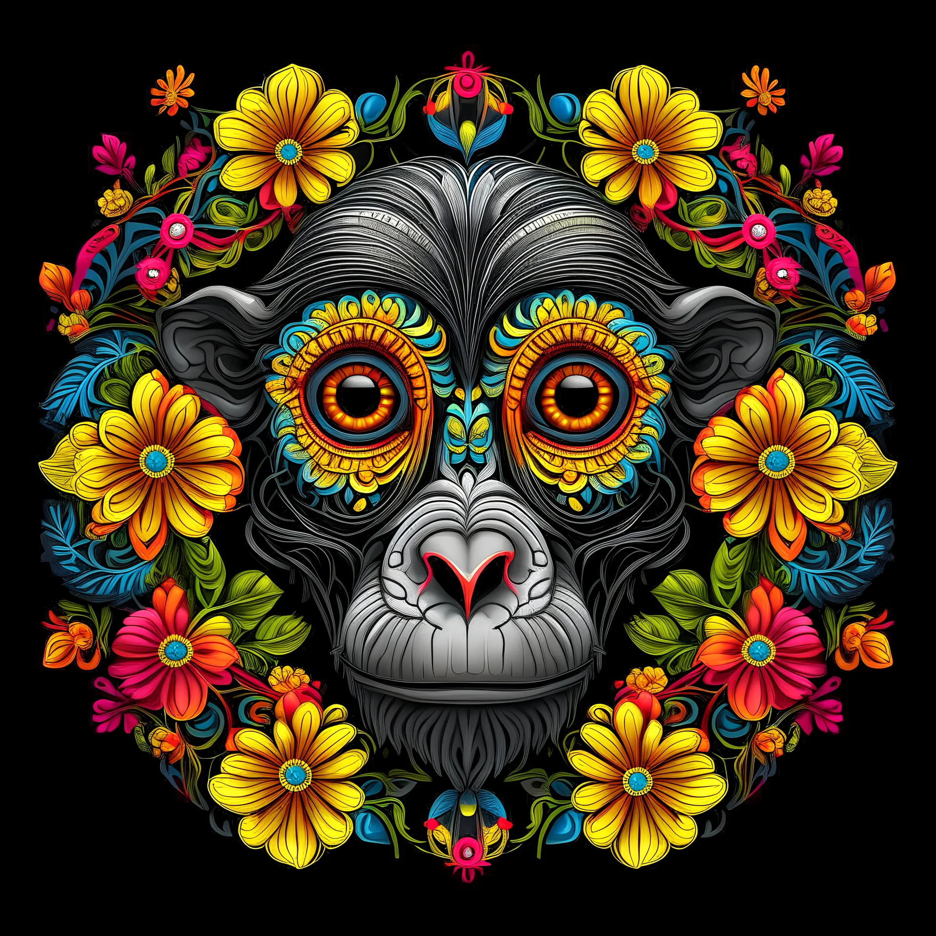 a colorful monkey face around big flowers mandala black background