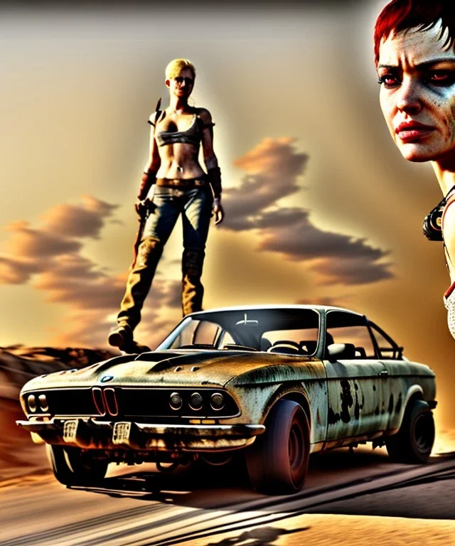 Realistic image. Mad max car. woman in the foreground. BMW 4 series. 4k resolution, intricate details, ornate details, soft lighting, vibrant colors, mad max background