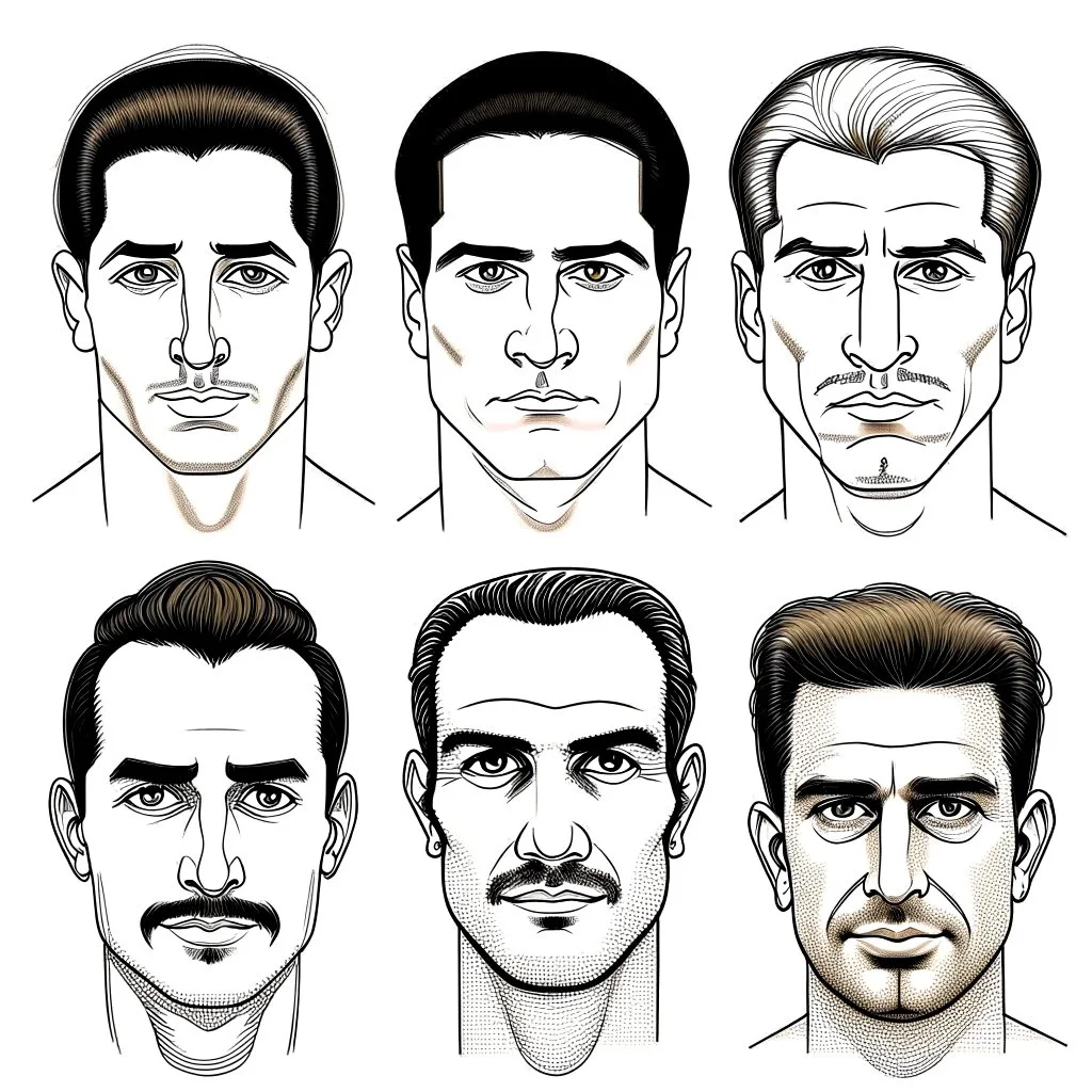 About drawing these features of a man's face Eyes: almond-shaped, medium-sized with defined eyelids and a direct and steady look. nose: a nose with prominent features, straight and with a slightly pointed tip, which can be described as a Roman nose. Mouth: Medium width with defined lips, neither too full nor too thin. Eyebrows: Naturally dense and curved, to match the shape of the face. Big Mustache: dense and arched following the shape of the upper lip.Chin and jaw: A prominent chin and defined