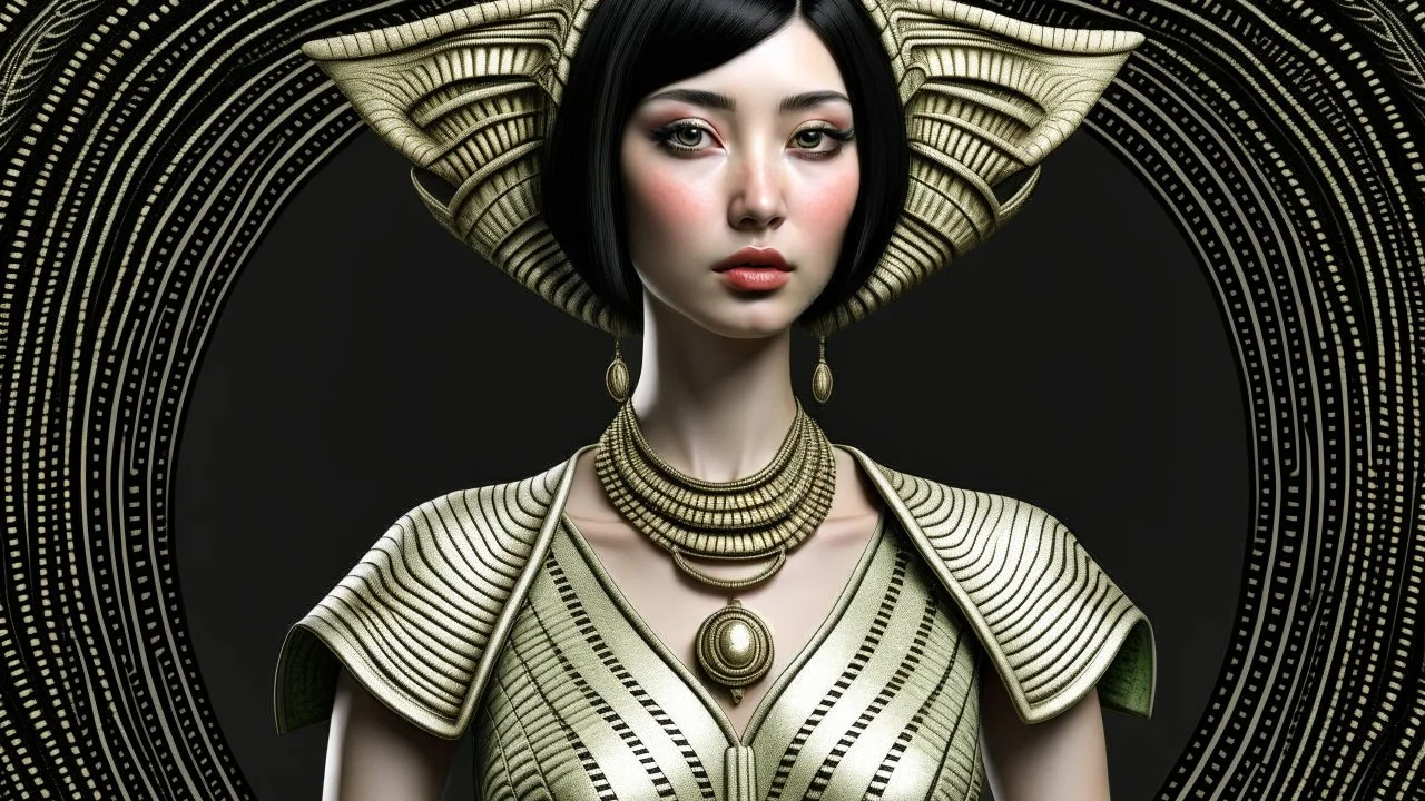 pale alien woman wearing exotic clothing. Black hair bob