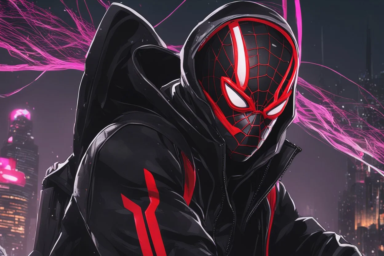 Miles morales in 8k nier automata drawing style, venom them, cinematic mood, neon effect, close picture, rain, highly detailed, high details, detailed portrait, masterpiece,ultra detailed, ultra quality