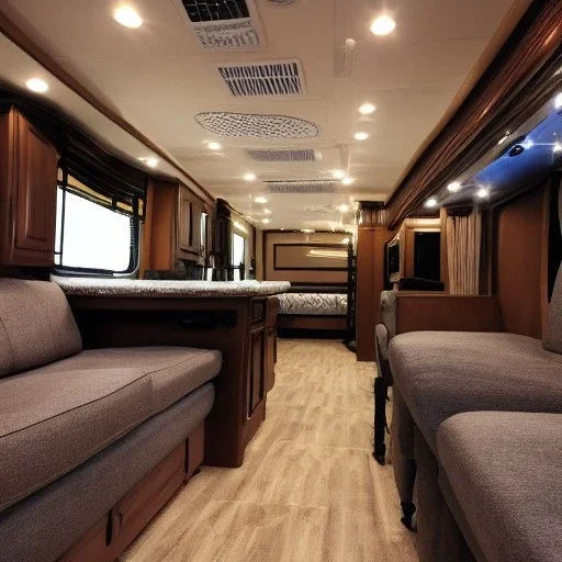 donald trump sitting, interior, large RV, night time, raining