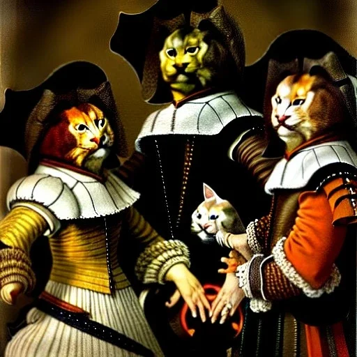 oil portrait of three cats like The Three Musketeers with armor by Rembrandt 8k