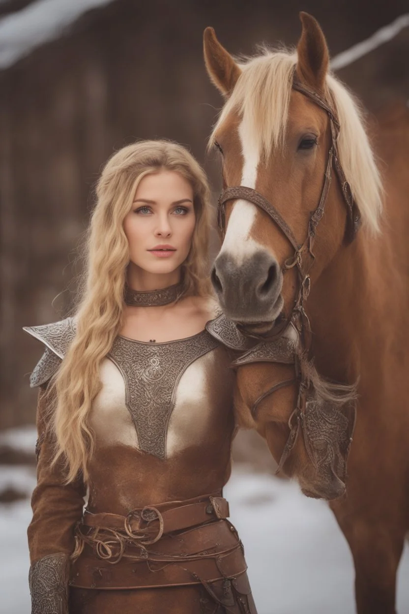 A beautiful woman with blond hair, viking braids Brown leather armor. Horse