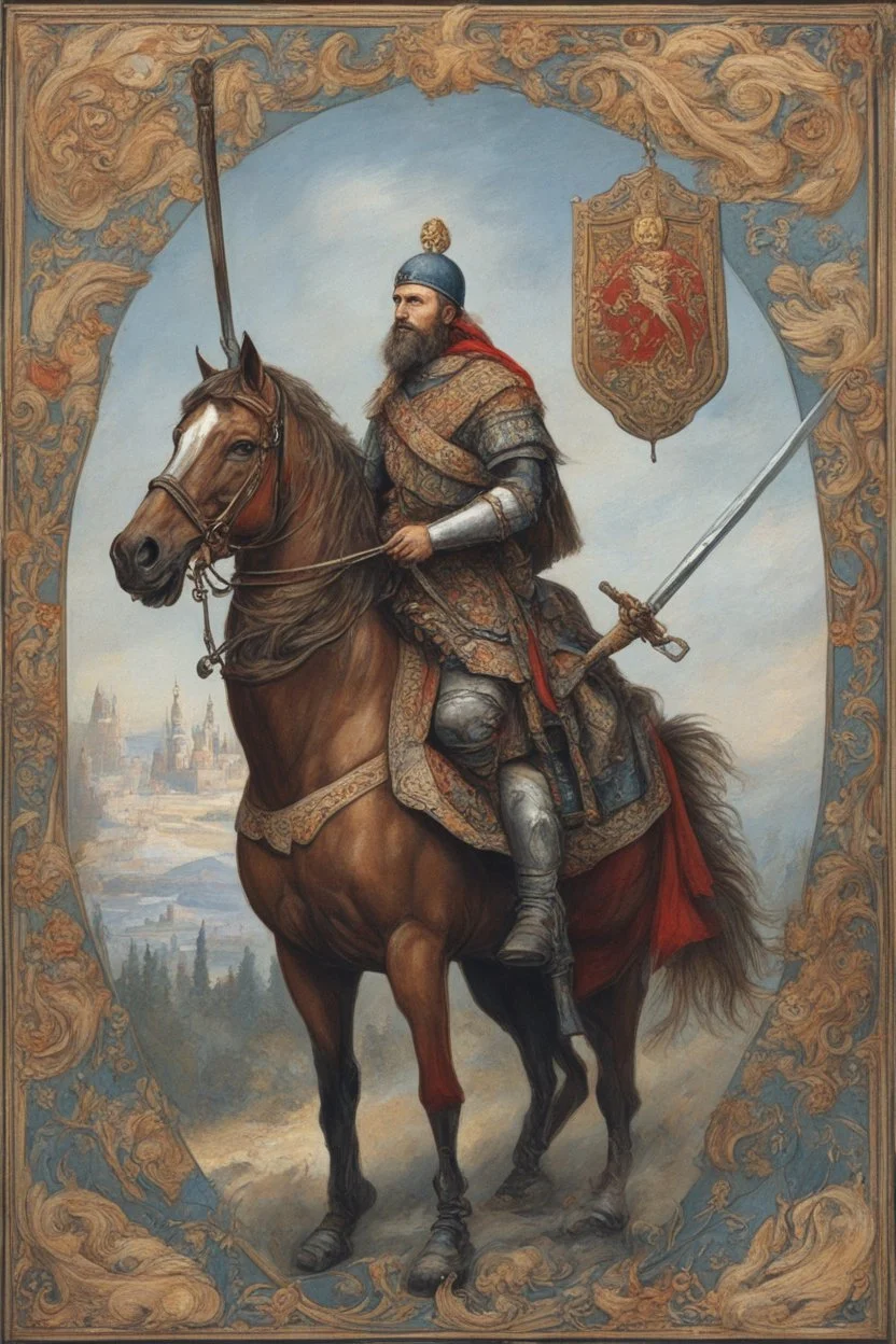 Ilya Muromets with an oklady beard is sitting on a horse, looking into the distance, with a spear in his hand, a sword hanging on his belt. in his other hand he has a shield on which the coat of arms of Russia is depicted. Back background of Russian nature. On the side is a border post of Russia.