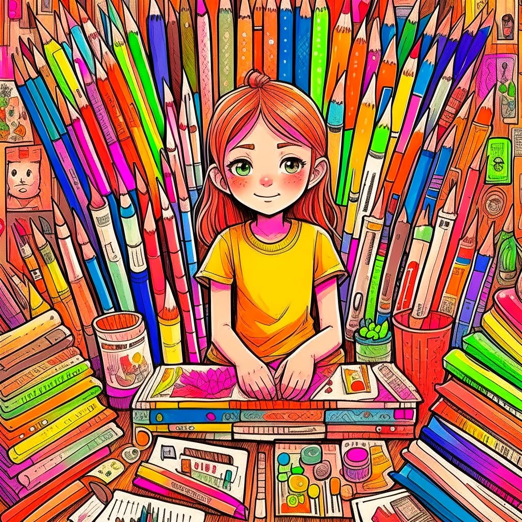 An image featuring Mercy, a spirited young girl with a passion for drawing. Mercy, also known as "The Pencil Lady," is captured in her element, surrounded by an array of colorful pencils and sketchbooks. With focused determination, she brings her imagination to life on paper, creating intricate worlds and characters. Her eyes sparkle with creativity, and her room is adorned with her artistic masterpieces. The image radiates with Mercy's love for art and showcases the boundless possibilities of h