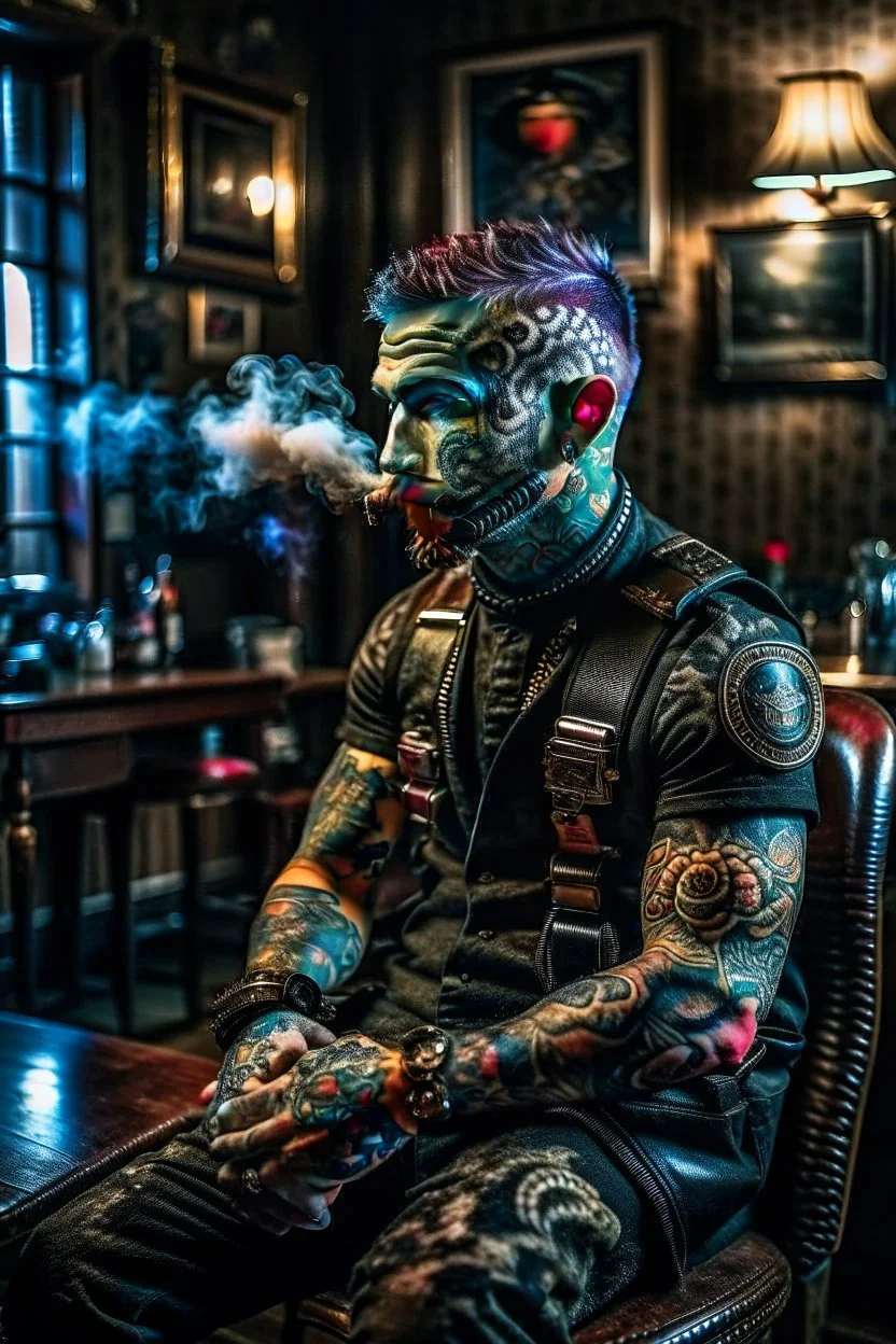 nagalike spaceman with tattoo of a human, scary tattooist in high end parlor, smoke, mist, lightrays, depth of field, photography