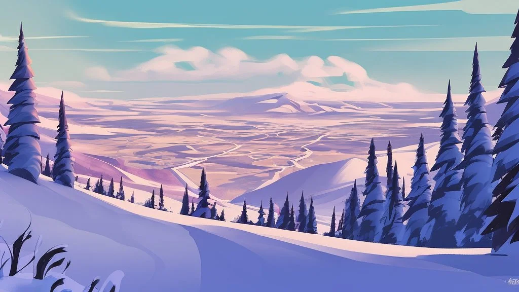 Fantasy cartoon style: view down the ski slope from the top of the hill, snow is sparkling