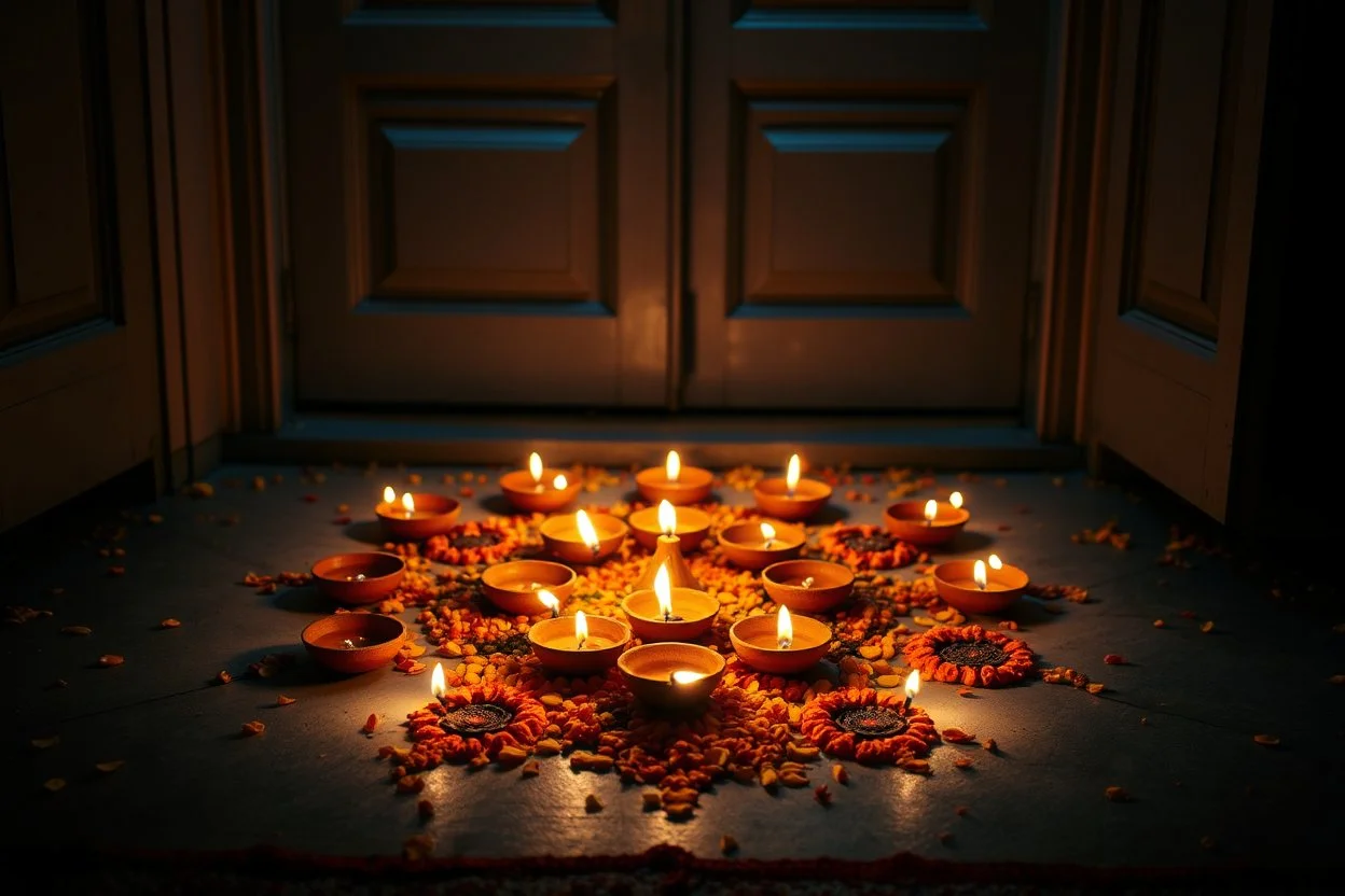 Diwali diyas arranged in mandala pattern on doorstep, marigold petals scattered between, oil flames dancing, festival of lights entrance