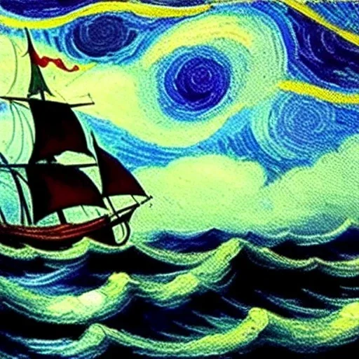 Dibujo al oleo de un Viejo Galeón Pirata navegando en la tormenta, Rayos y truenos, con nubes estilo Vincent van Gogh 8k