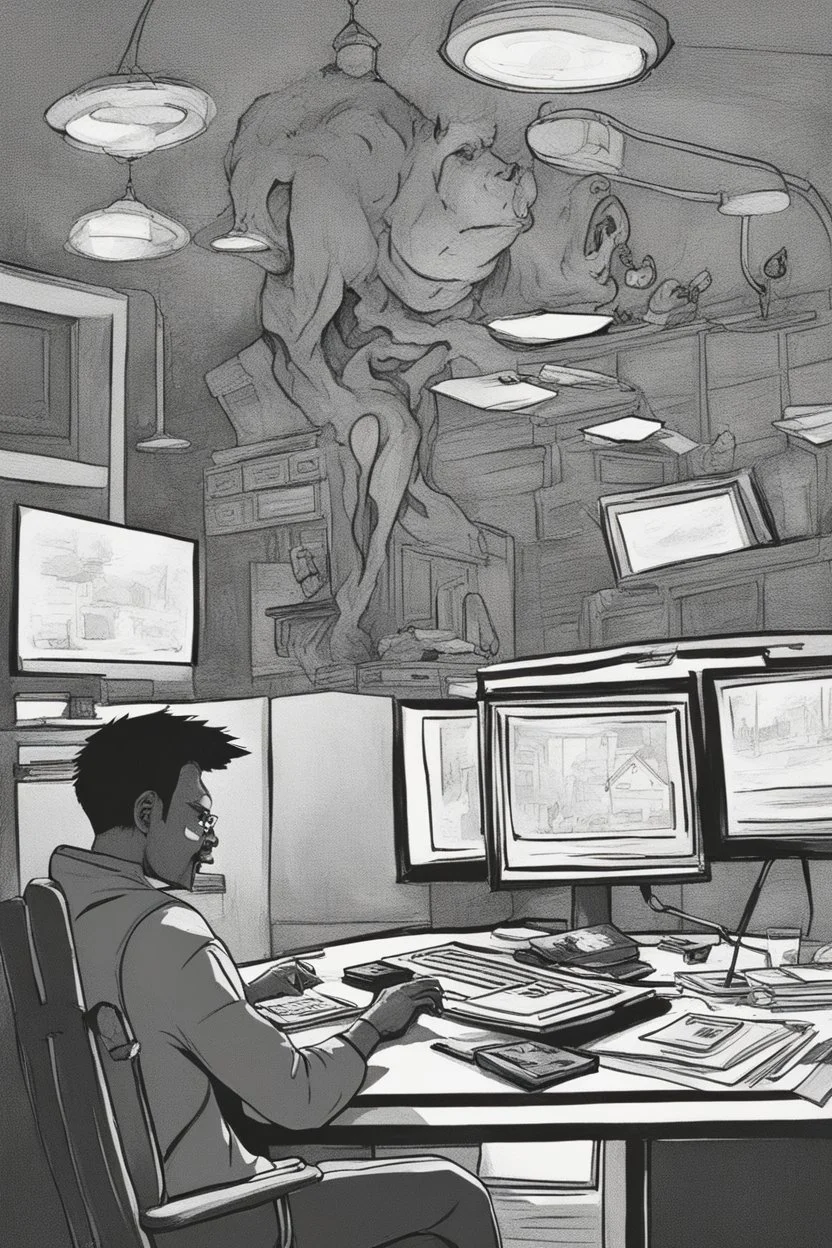 Deadline. Another damn deadline. What amazes you most is that you haven't become a hack. Pressure. The constant pressure. Keep those worlds coming. The weirder the better. It gets worse every year. They always want something new. Bigger monsters. Stronger heroes. You dig deeper into my dreams. You feel it, you know... whatever I draw... You know you can stop it... You won't stop it. You live through your dreams. You escape. They