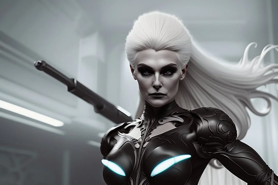 futurist pretty woman warrior, big body, no dressed, white hair, intricate details, high quality, best quality, 8k, in focus, sharp focus, finely detailed, sharp focus, halloween atmosphere, ufos, black night, background desolate street