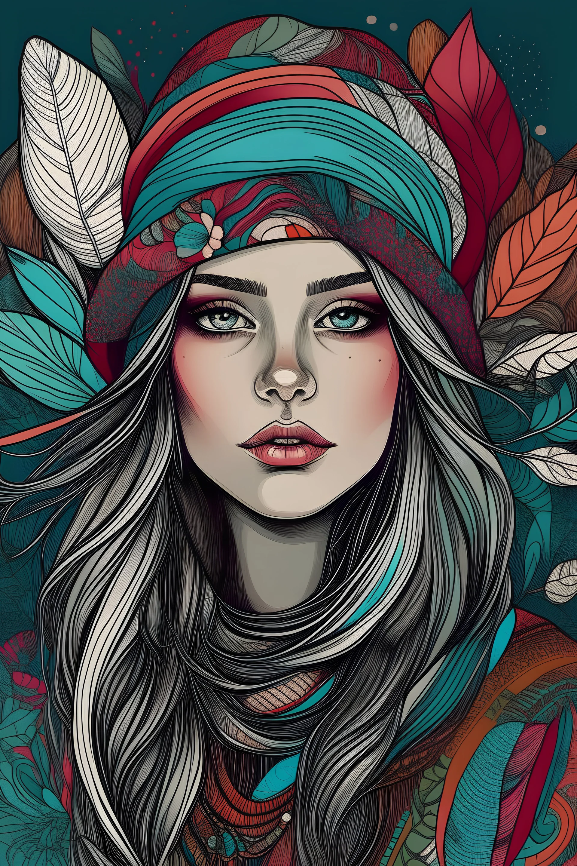 generate boho girl design for art with maximilist colours